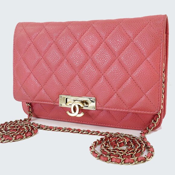 Authentic CHANEL Coral Pink Caviar Leather Matelasse Wallet On Chain WOC #55746 - Picture 1 of 10